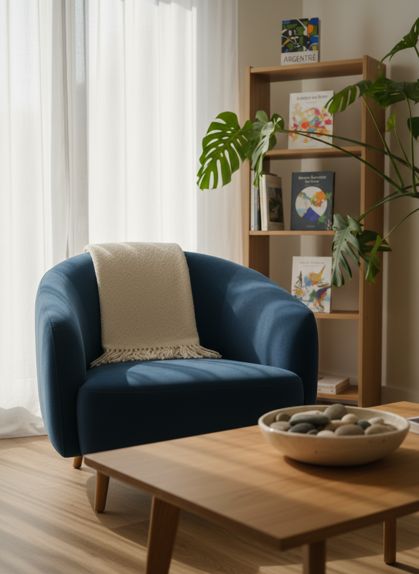 A warmly lit psychotherapy office in Argentré, shown without any people, featuring a deep blue fabric armchair with rounded edges and a soft wool throw folded over the back. The chair faces a low oak coffee table with a smooth matte finish, holding a simple ceramic bowl of polished river stones. Behind, a tall bookshelf with a few art books and a leafy green plant adds height and texture. Soft afternoon light filters through sheer white curtains, casting gentle shadows on the light wooden floor. Photographic realism, eye-level composition, with a shallow depth of field that keeps the armchair and table in sharp focus while the background softly blurs. The mood is calm, safe, and welcoming, evoking a non-clinical yet professional therapeutic space.
