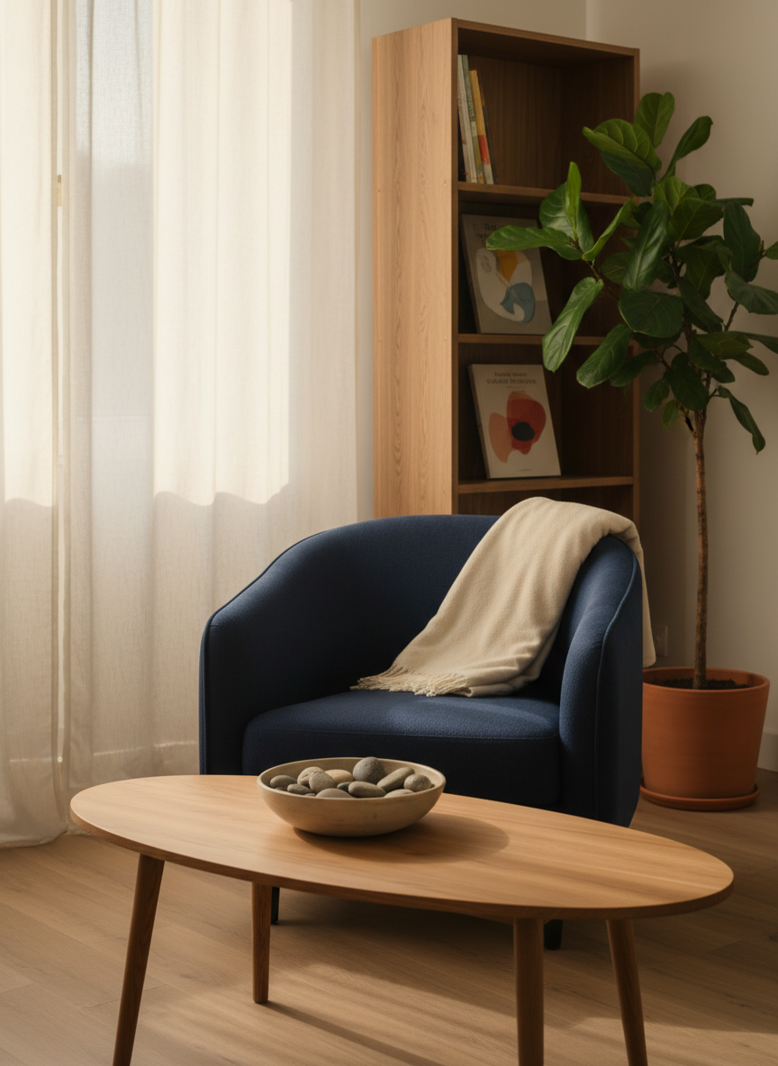 A warmly lit psychotherapy office in Argentré, shown without any people, featuring a deep blue fabric armchair with rounded edges and a soft wool throw folded over the back. The chair faces a low oak coffee table with a smooth matte finish, holding a simple ceramic bowl of polished river stones. Behind, a tall bookshelf with a few art books and a leafy green plant adds height and texture. Soft afternoon light filters through sheer white curtains, casting gentle shadows on the light wooden floor. Photographic realism, eye-level composition, with a shallow depth of field that keeps the armchair and table in sharp focus while the background softly blurs. The mood is calm, safe, and welcoming, evoking a non-clinical yet professional therapeutic space.