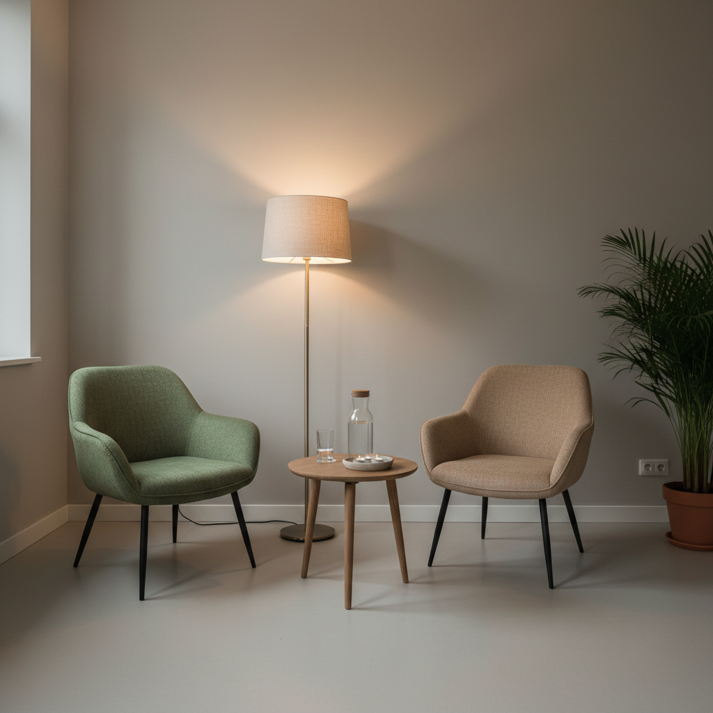 A quiet, contemplative waiting area in a gestalt psychotherapy practice, shown in photographic realism and devoid of people. Two mismatched yet harmonious chairs—one in soft moss-green fabric, the other in warm beige—face a small round wooden table with a natural matte finish. On the table sit a carafe of water, two clear glasses, and a simple ceramic dish filled with tea candles, unlit. A tall floor lamp with a linen shade casts warm, diffused light that mingles with faint natural light from a high window, creating layered, gentle shadows. The walls are painted in a soothing light taupe, with a single leafy plant in the corner adding life. Wide-angle, eye-level composition emphasizes space, calm, and psychological safety, avoiding any clinical or sterile feeling.