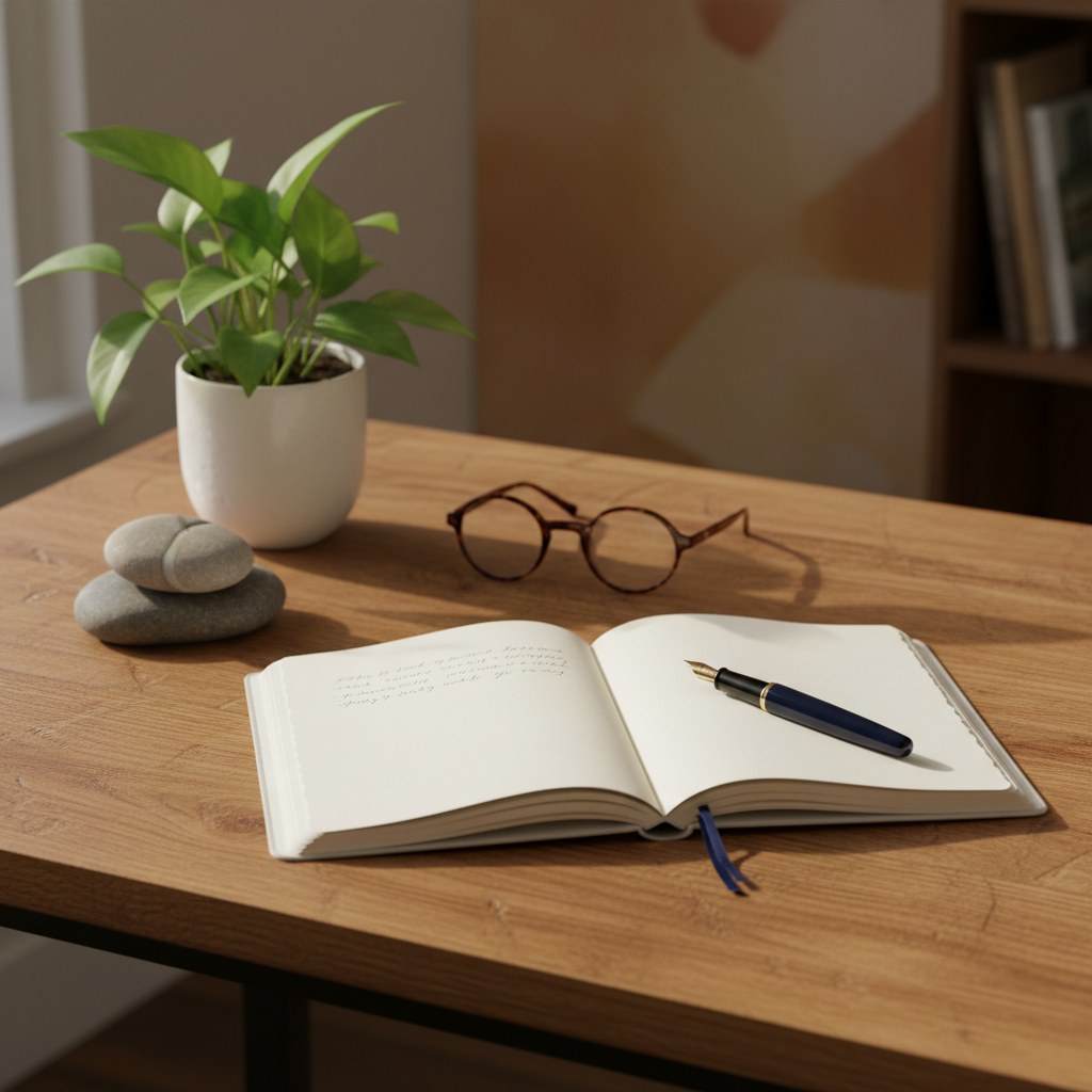 A close-up photographic view of a therapist’s wooden desk in a gestalt psychotherapy practice, captured without any people. On the desk rests an open, cream-colored notebook with thick textured pages, a smooth fountain pen, and a pair of simple tortoiseshell reading glasses. To the side, a small stone sculpture with rounded forms symbolizes human connection, placed beside a healthy green plant in a matte white pot. Gentle morning light comes from an unseen window, creating soft highlights along the notebook’s edge and delicate shadows across the grain of the wood. The atmosphere feels reflective and grounded, emphasizing attentive presence. Shot from a slightly elevated angle with a clean, minimalist composition, conveying professionalism and calm focus.