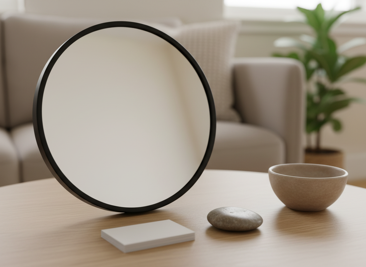 A symbolic photographic representation of self-exploration in gestalt therapy, without any people, showing a round tabletop mirror with a simple, matte black frame placed on a light oak table. Around the mirror lie a small stack of blank index cards, a smooth river stone, and a simple clay bowl. In the softly blurred background, a neutral-toned sofa with textured cushions and a potted plant hint at a comfortable therapy room. Soft, overcast daylight filters in from a window, creating a gentle, even illumination with almost no harsh shadows. Shot at eye level with a shallow depth of field so the mirror and objects are in crisp focus while the room behind becomes a calm, creamy blur. The mood suggests introspection, gentle awareness, and the process of seeing oneself more clearly.
