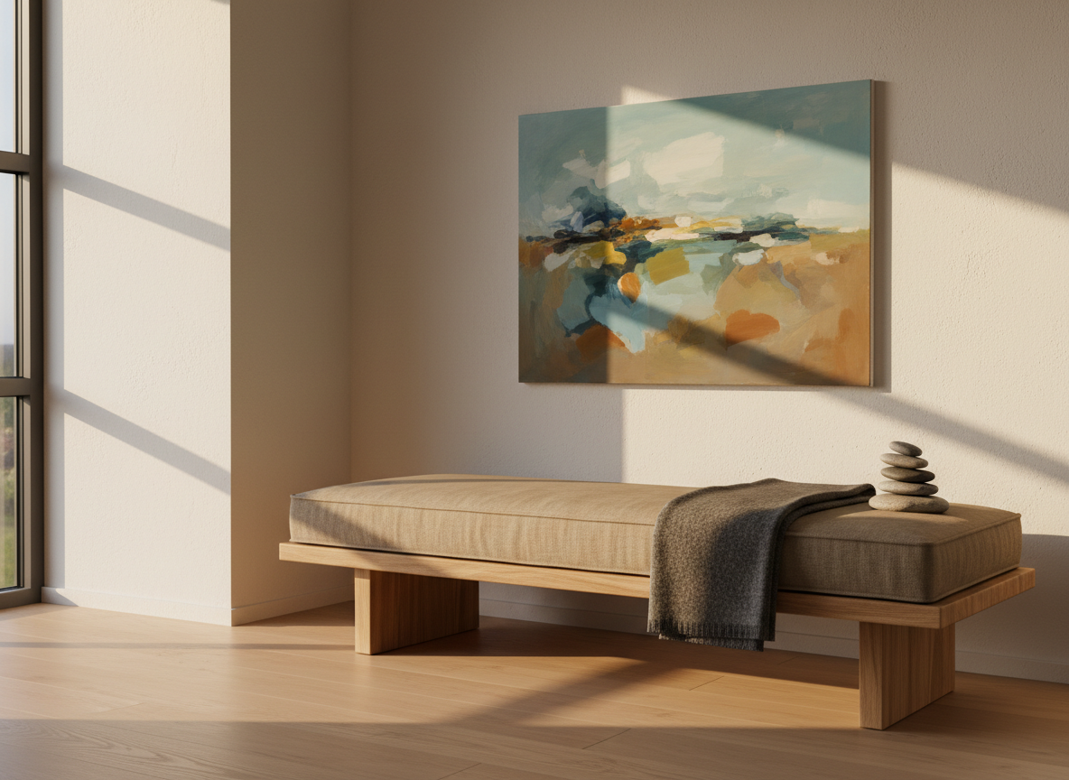 A serene therapy corner designed for introspection, without any human presence, featuring a low natural-wood bench with a thick, linen cushion in a muted sand color. On the bench, a neatly folded gray wool blanket and a small stack of smooth, flat stones suggest grounding and stability. The bench sits against a soft, off-white wall adorned with a single abstract painting in gentle blues and earth tones. Warm, diffused golden-hour light streams in from the left, illuminating subtle textures in the fabric and wood while casting long, gentle shadows on the floor. Photographic realism, composed using the rule of thirds to emphasize open space and calm. The mood is peaceful, safe, and inviting, echoing the atmosphere of a supportive psychotherapeutic setting.